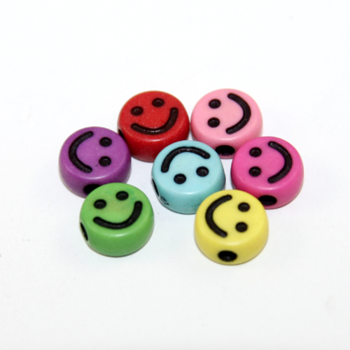 10mm Mixed Colours & Black Smiley Face Flat Round Acrylic Bead - 50 Piece Bag