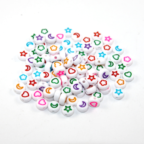 White & Mixed Colours 7mm Heart, Star & Flower Acrylic Flat Round Bead Mix - 100 Piece Bag