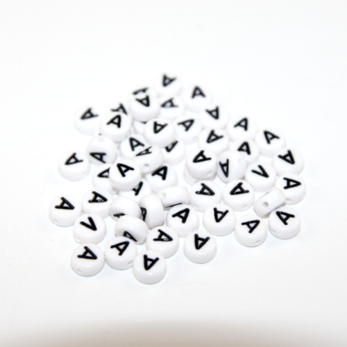 White & Black 'A' 7mm Alphabet Acrylic Flat Round Bead - 20 Piece Bag