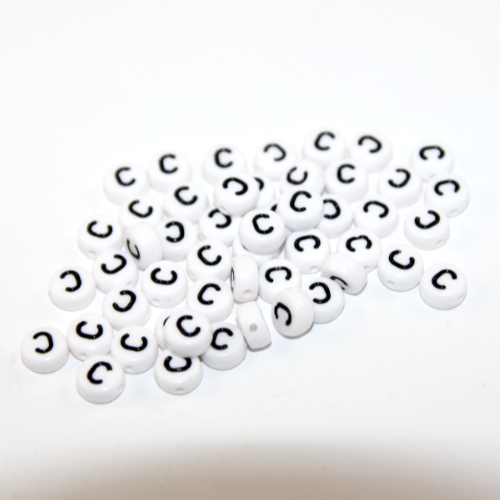 White & Black 'C' 7mm Alphabet Acrylic Flat Round Bead - 20 Piece Bag