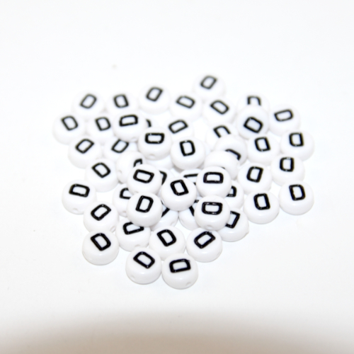 White & Black 'D' 7mm Alphabet Acrylic Flat Round Bead - 20 Piece Bag
