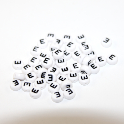 White & Black 'E' 7mm Alphabet Acrylic Flat Round Bead - 20 Piece Bag