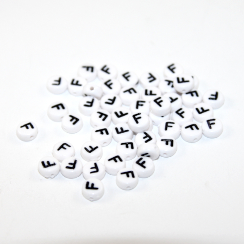 White & Black 'F' 7mm Alphabet Acrylic Flat Round Bead - 20 Piece Bag