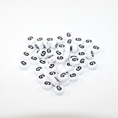 White & Black 'G' 7mm Alphabet Acrylic Flat Round Bead - 20 Piece Bag