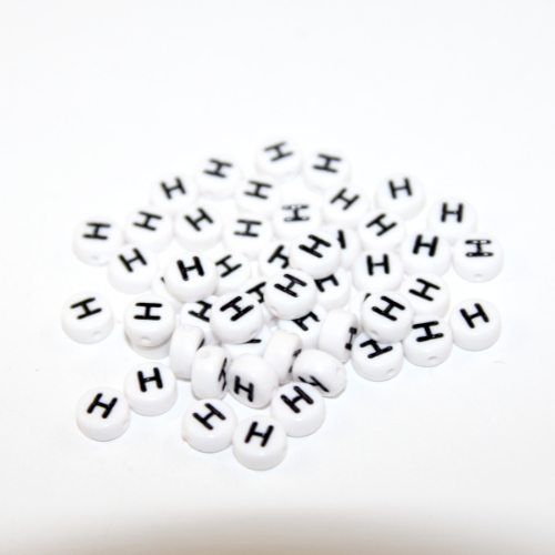 White & Black 'H' 7mm Alphabet Acrylic Flat Round Bead - 20 Piece Bag