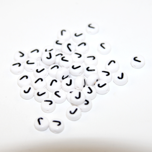 White & Black 'J' 7mm Alphabet Acrylic Flat Round Bead - 20 Piece Bag