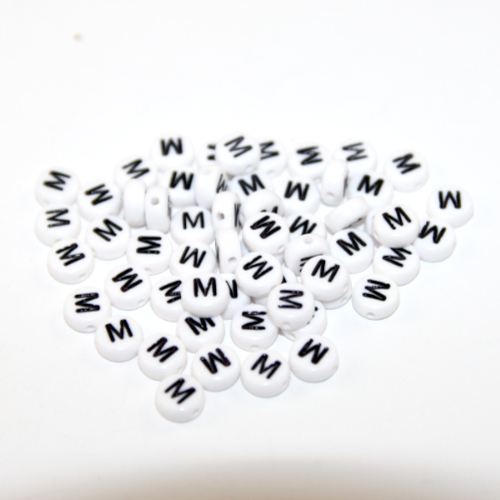 White & Black 'M' 7mm Alphabet Acrylic Flat Round Bead - 20 Piece Bag