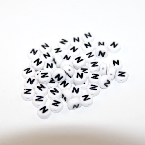 White & Black 'N' 7mm Alphabet Acrylic Flat Round Bead - 20 Piece Bag