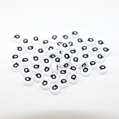 White & Black 'Q' 7mm Alphabet Acrylic Flat Round Bead - 20 Piece Bag