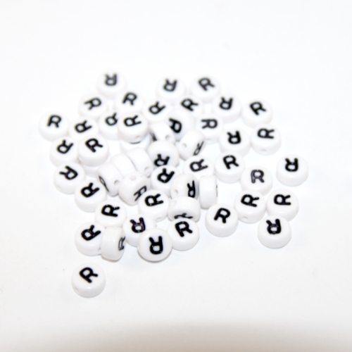 White & Black 'R' 7mm Alphabet Acrylic Flat Round Bead - 20 Piece Bag
