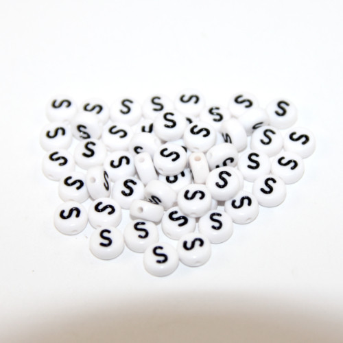 White & Black 'S' 7mm Alphabet Acrylic Flat Round Bead - 20 Piece Bag