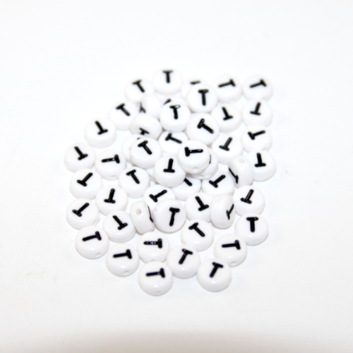 White & Black 'T' 7mm Alphabet Acrylic Flat Round Bead - 20 Piece Bag