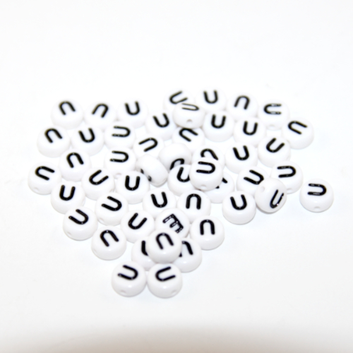 White & Black 'U' 7mm Alphabet Acrylic Flat Round Bead - 20 Piece Bag