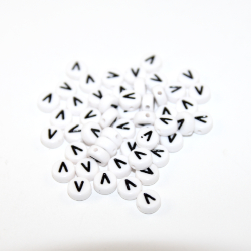 White & Black 'V' 7mm Alphabet Acrylic Flat Round Bead - 20 Piece Bag