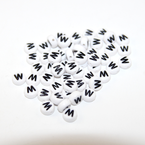 White & Black 'W' 7mm Alphabet Acrylic Flat Round Bead - 20 Piece Bag