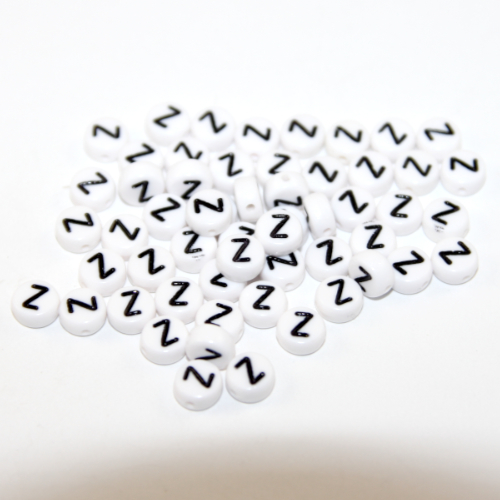 White & Black 'Z' 7mm Alphabet Acrylic Flat Round Bead - 20 Piece Bag