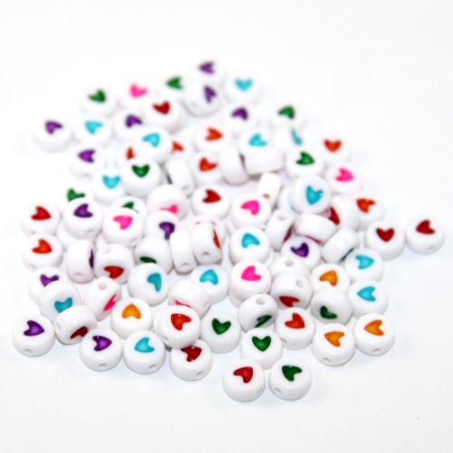 White & Mixed Colours 7mm Heart Acrylic Flat Round Bead  - 50 Piece Bag