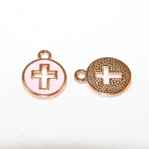 11mm x 15mm Pink Pale Gold Enamel Round Cut Out Cross Charm - 2 Pieces
