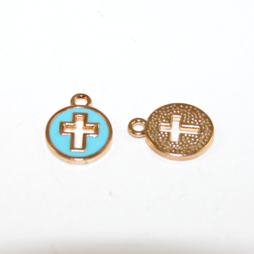 11mm x 15mm Blue Pale Gold Enamel Round Cut Out Cross Charm - 2 Pieces