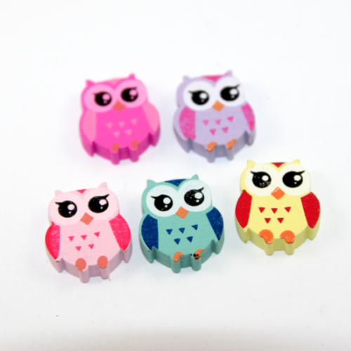 Mixed Colours 21mm x 17mm Owl Wooden Bead - Pack of 25