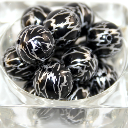 20mm Printed Acrylic Beads Black & Silver - 10 Piece Pack