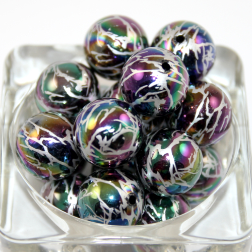 20mm Printed Acrylic Beads Black AB & Silver - 10 Piece Pack