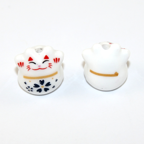 White 16mm Fortune Cat Ceramic Bead - Pack of 2