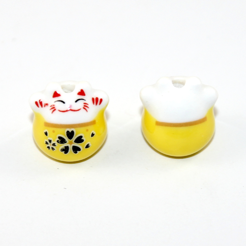 Yellow 16mm Fortune Cat Ceramic Bead - Pack of 2