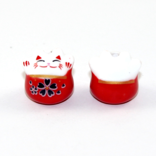 Red 16mm Fortune Cat Ceramic Bead - Pack of 2