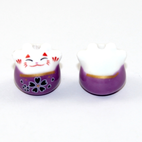 Purple 16mm Fortune Cat Ceramic Bead - Pack of 2
