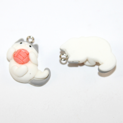 White & Grey Cat Playing with Yarn Resin Charm - 2 Pieces