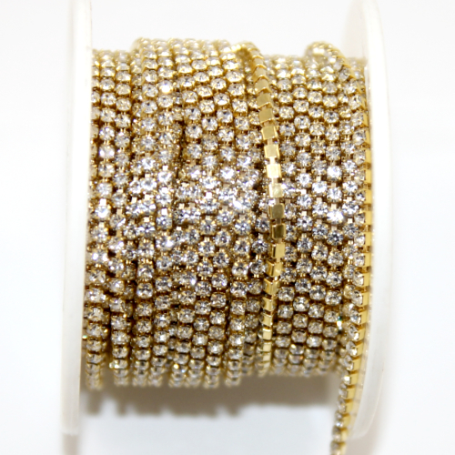2mm - SS6 Rhinestone Cupchain - Crystal with Bright Gold - sold in 10cm increments
