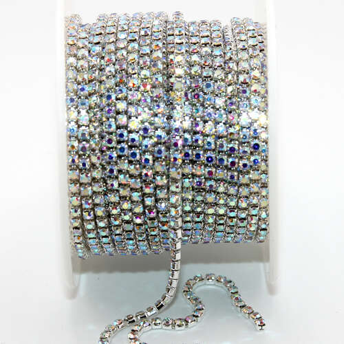 2mm - SS6 Rhinestone Cupchain - Crystal AB with Silver - sold in 10cm increments