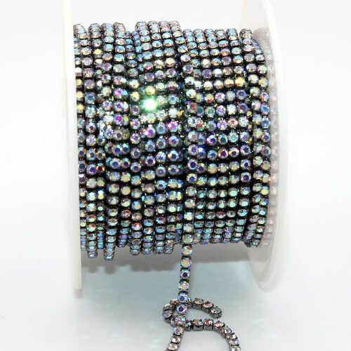 2mm - SS6 Rhinestone Cupchain - Crystal AB with Gunmetal - sold in 10cm increments