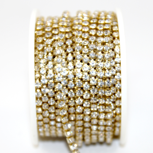 3mm - SS12 Rhinestone Cupchain - Crystal with Bright Gold - sold in 10cm increments