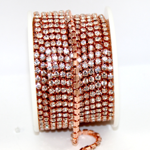 3mm - SS12 Rhinestone Cupchain - Crystal with Rose Gold - sold in 10cm increments