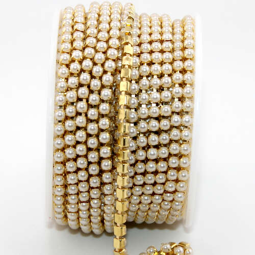 3mm - SS12 Pearl Cupchain with Gold - sold in 10cm increments