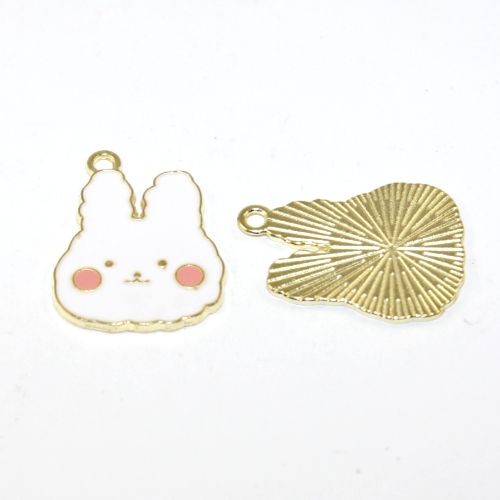 19mm x 25mm Enamel Bunny Face Charm - White & Pink - 2 Pieces