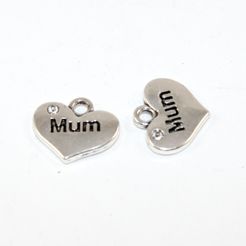 Mum Heart Charm with Clear Rhinestone - Platinum