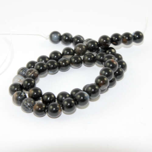 8mm Black Striped Agate Round Beads - 38cm Strand