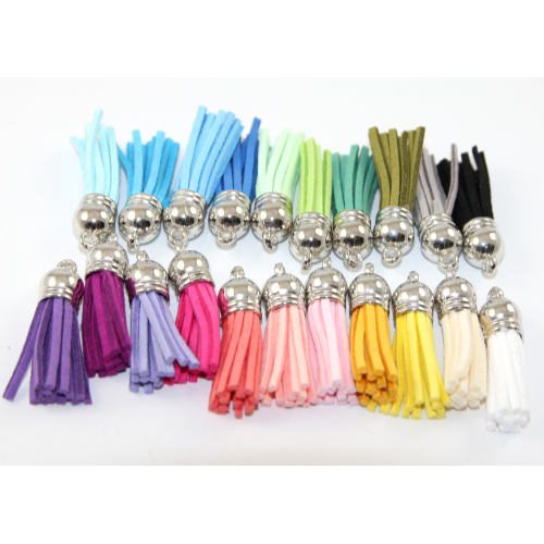 Mixed Colours 38mm Faux Suede Tassel - Bag of 10 - Silver Cap