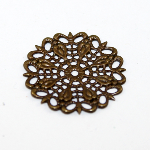 25mm Round Filigree - Peacock Feather Pattern - Antique Bronze