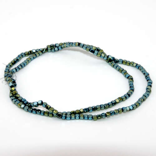 2mm x 2mm Green Plated Rounded Hematite Cube Beads - 35cm Strand
