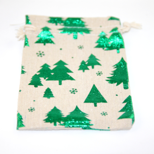 10cm x 14cm Green Trees Printed Cotton Drawstring Bag