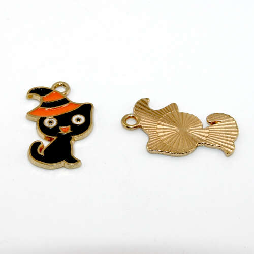 Black Cat with Halloween Striped Charm - Gold