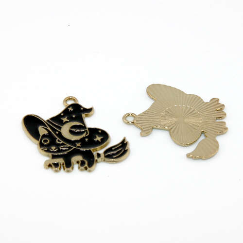 Black Witch Cat Flying on a Broom Stick Charm - Gold - 2 Pieces