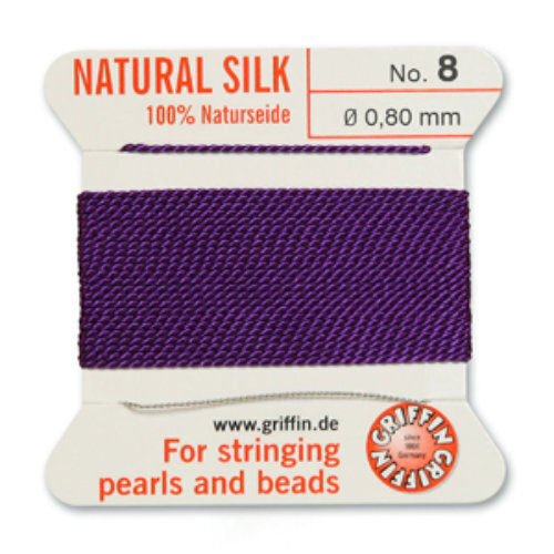 No 8 - 0.80mm - Amethyst Carded Bead Cord 100% Natural Silk 