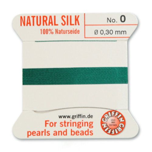 No 0 - 0.30mm - Green Carded Bead Cord 100% Natural Silk 