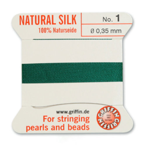 No 1 - 0.35mm - Green Carded Bead Cord 100% Natural Silk 