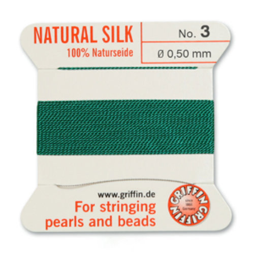 No 3 - 0.50mm - Green Carded Bead Cord 100% Natural Silk 